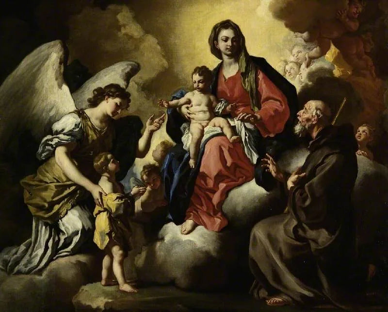 Neitsyt ja lapsi, jonka edessä on poika, jonka suojelusenkeli esittelee, ja Pyhä Francesco Di Paola - Francesco Solimena