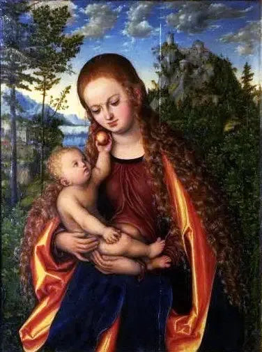 Neitsyt ja lapsi upeassa maisemassa - Lucas Cranach vanhempi