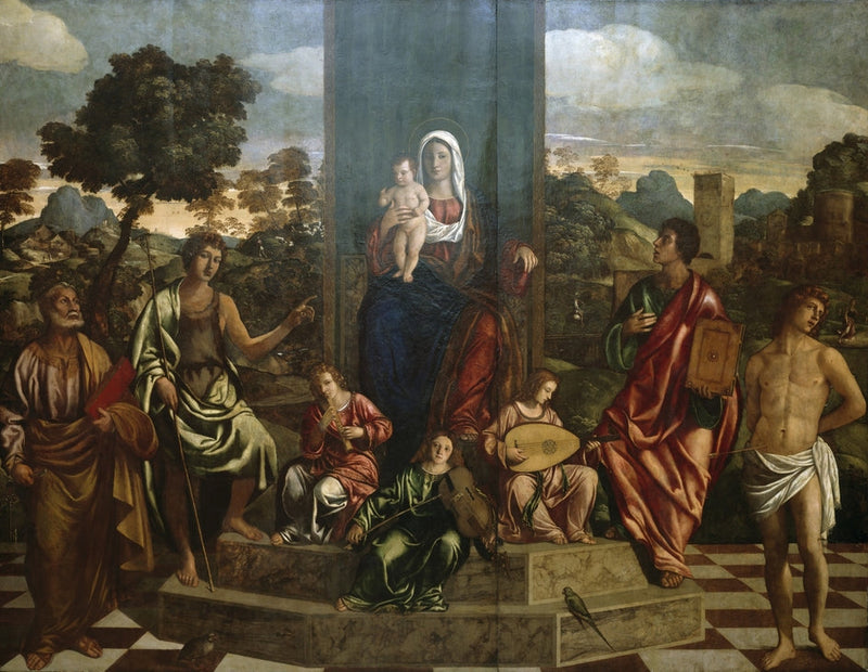 Neitsyt ja lapsi majesteetissa pyhien Pietarin, Johannes Kastajan, Johanneksen evankelista, Sebastianuksen ja kolmen musiikkisoittajan enkeleiden kanssa - Giovanni Bellini