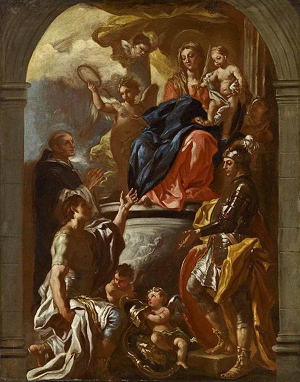 Neitsyt ja lapsi valtaistuimella, pyhimys Pietari marttyyri ja kaksi sotilaspyhimystä - Francesco Solimena
