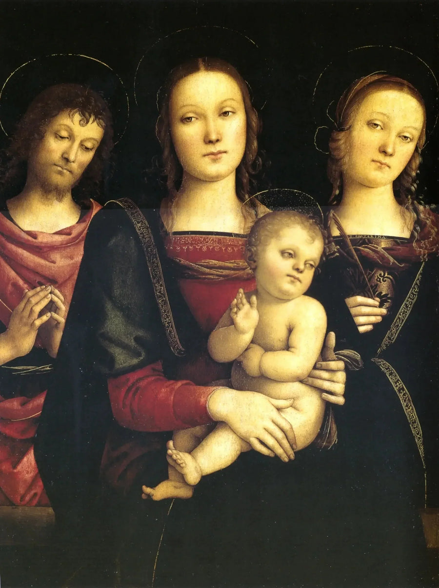 Neitsyt ja lapsi pyhimysten Johannes Kastajan ja Katariina Aleksandrialaisen välillä - Pietro Perugino