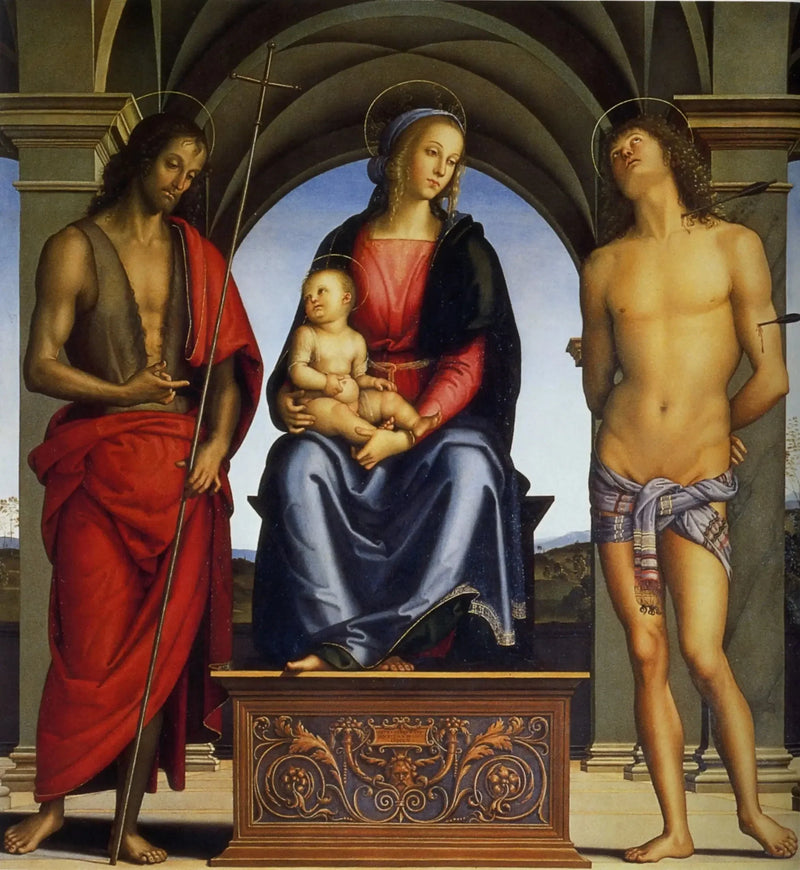 Neitsyt ja lapsi pyhimysten Johannes Kaste ja Sebastian välillä - Pietro Perugino