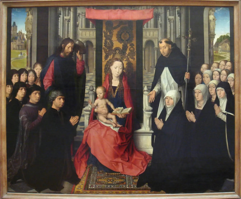 Neitsyt ja lapsi pyhimys Jaakobin ja pyhimys Dominicuksen välillä - Hans Memling