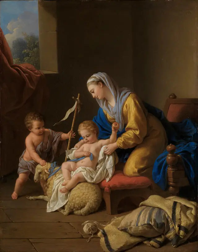 Neitsyt hymyilee lapsi Jeesus, pieni Pyhä Johannes lampaansa kanssa - Louis Jean François Lagrenée