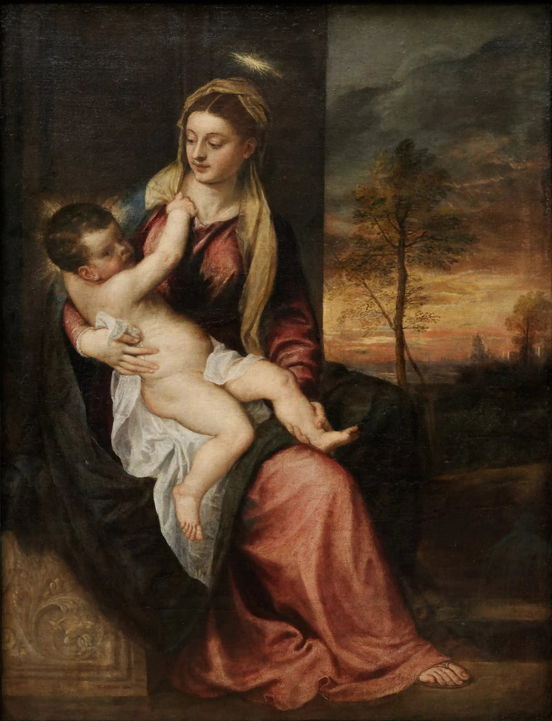 Neitsyt ja lapsi auringonlaskun maisemassa - Titian