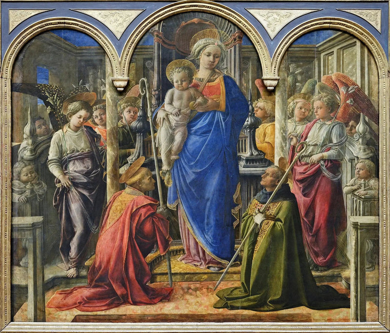 Neitsyt ja lapsi enkelien, pyhän Fredianuksen ja pyhän Augustinuksen ympäröimänä - Fra Filippo Lippi