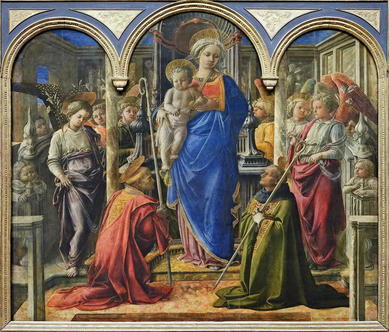 Neitsyt ja lapsi enkelien, pyhän Fredianuksen ja pyhän Augustinuksen ympäröimänä - Fra Filippo Lippi