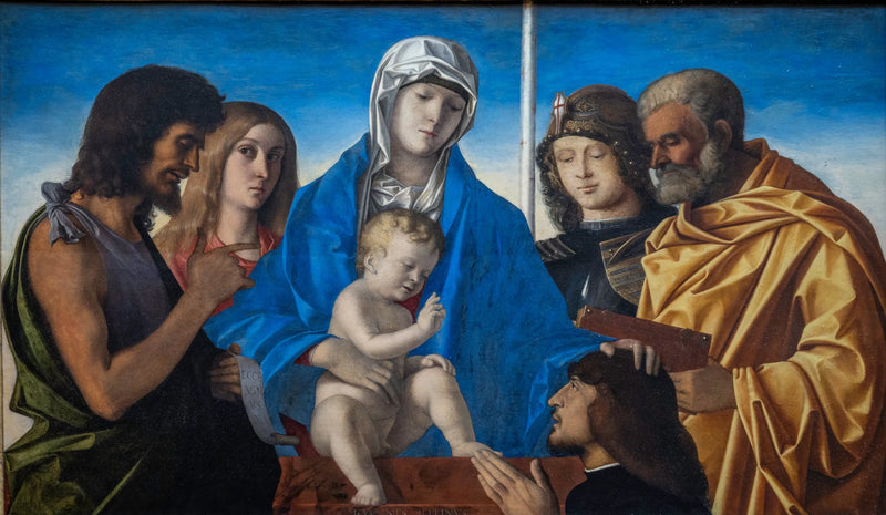Neitsyt ja lapsi ympäröityinä pyhimyksillä, kuten pyhä Johannes Kastaja, pyhä Maria Magdaleena, pyhä Georgios, pyhä Pietari ja lahjoittaja - Giovanni Bellini