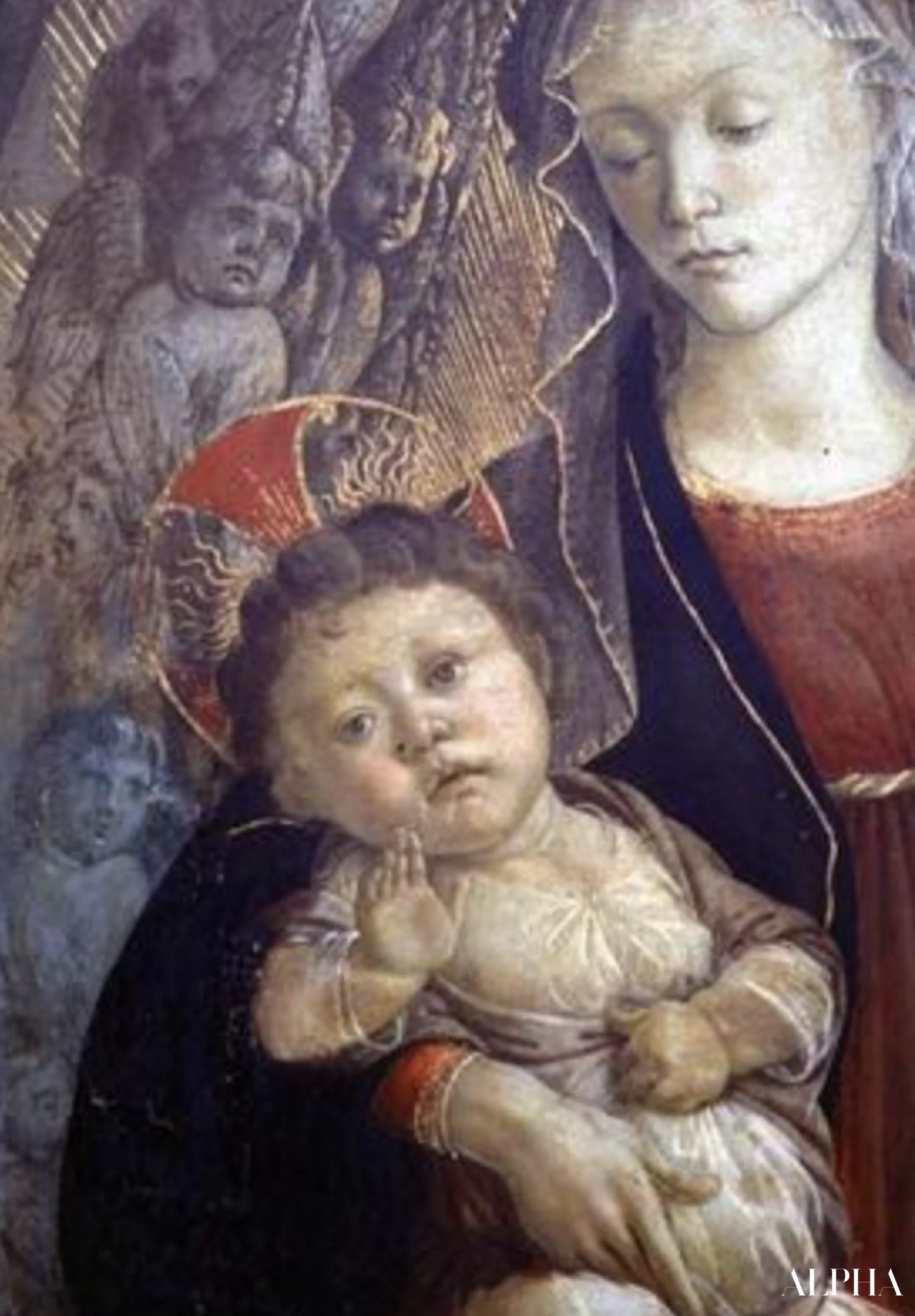Neitsyt ja lapsi kunnian loisteessa, yksityiskohta lapsesta, 1468 (tempera puulevyllä) (yksityiskohta 85673) - Sandro Botticelli - Taulujen ja korkealaatuisten maalauksien reproduktiot