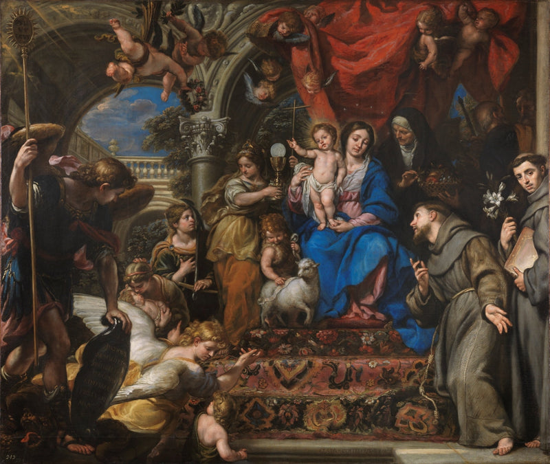 Neitsyt ja lapsi teologisten hyveiden ja pyhimysten keskellä - Claudio Coello