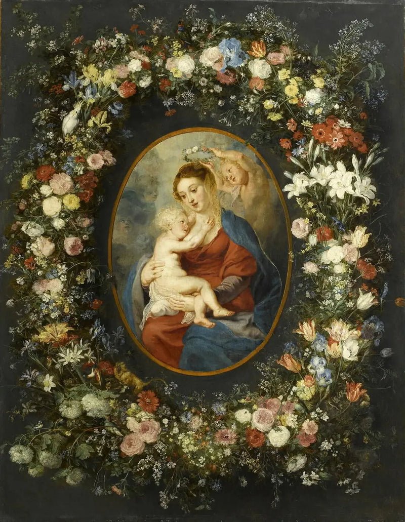 Neitsyt Maria, Jeesus-lapsi ja enkeli kukkaseppeleen keskellä - Peter Paul Rubens