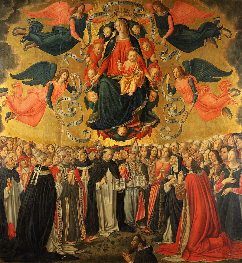 Neitsyt Maria ja Jeesus-lapsi kirkkaudessa, joita palvovat enkelit, pyhimykset, rukoukset ja lahjoittaja. - Cosimo Rosselli