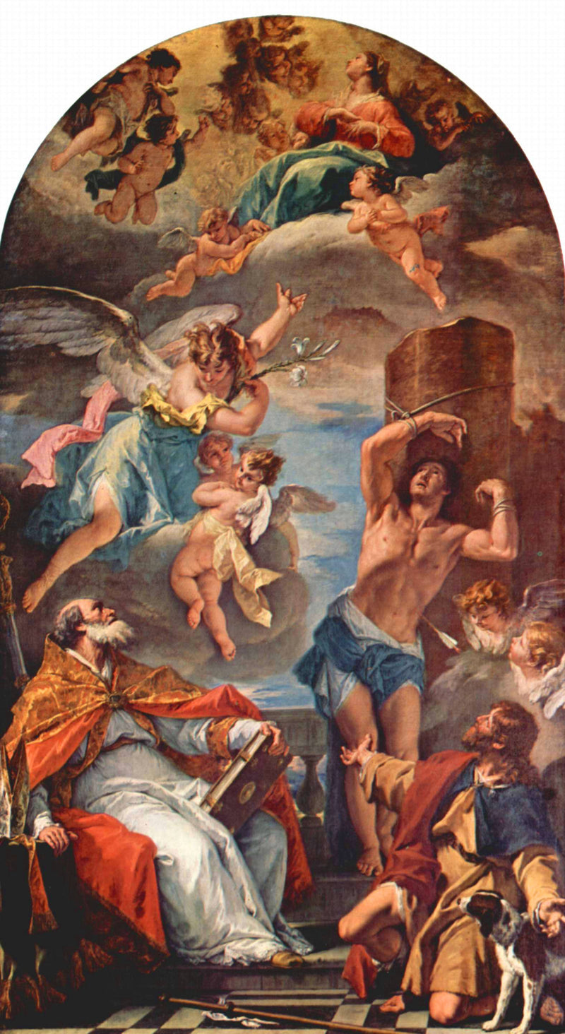 Neitsyt Maria kirkkaudessa arkkienkeli Gabrielin ja pyhä Eusèben, pyhä Sebastianuksen ja pyhä Rochuksen kanssa - Sebastiano Ricci
