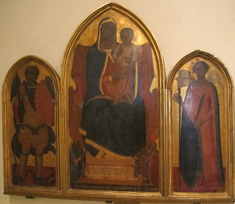 Neitsyt Maria valtaistuimellaan, ympärillään lahjoittajia ja pyhimyksiä. - Allegretto Nuzi