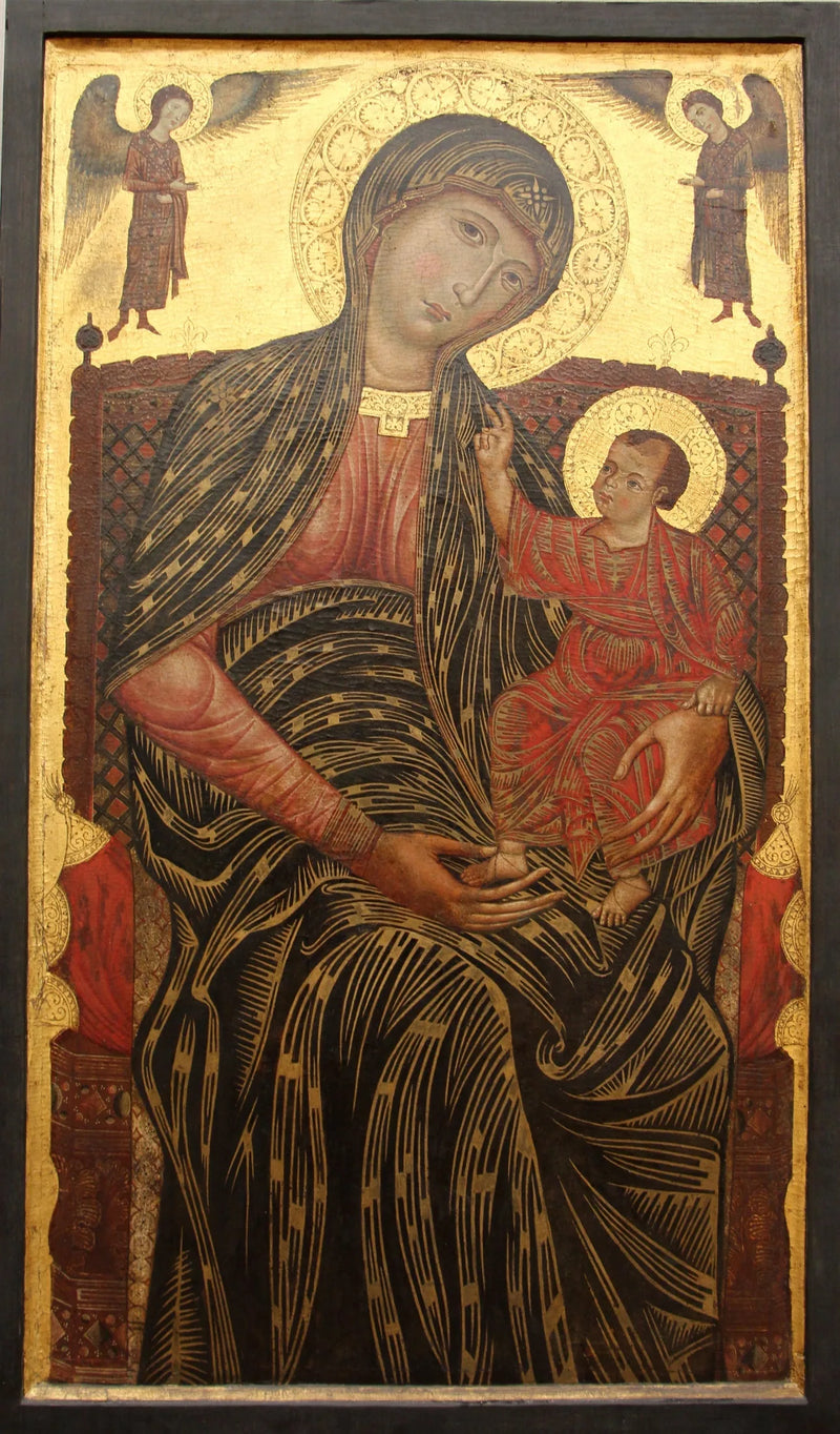 Neitsyt Maria istuu valtaistuimella kahden enkelin kanssa - Magdalen mestari