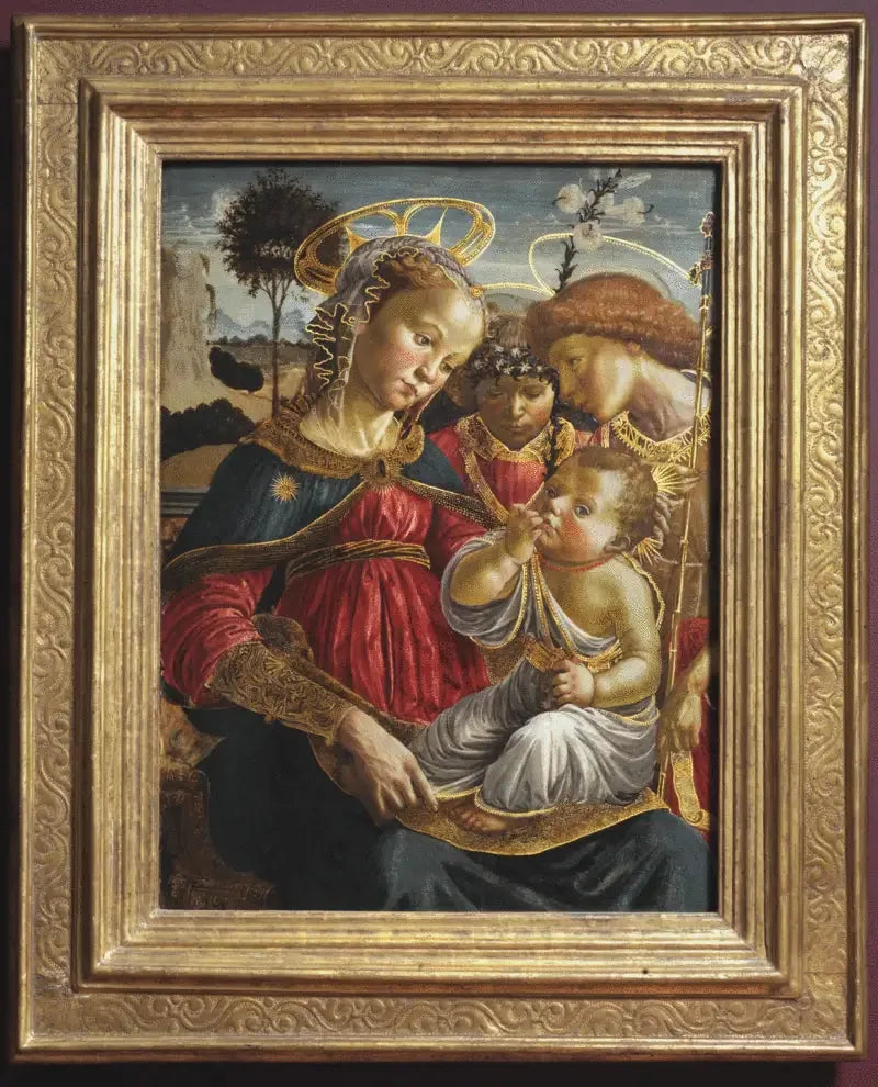 Neitsyt, pyhä Johannes Kastaja ja enkeli, joka palvoo Jeesus-lasta - Sandro Botticelli