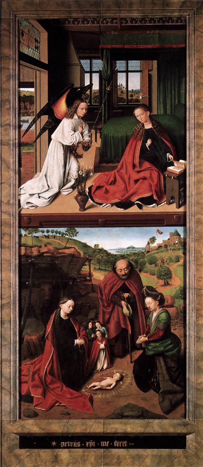 Jeesus-lapsen ylistys; taustalla, ilmoitus paimenille. - Petrus Christus