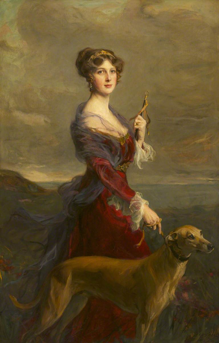 Lady Edith Helen Chaplin, Londonderryn markiisitar (1878-1959), lempikoiransa Fly:n kanssa. - Philip de Laszlo