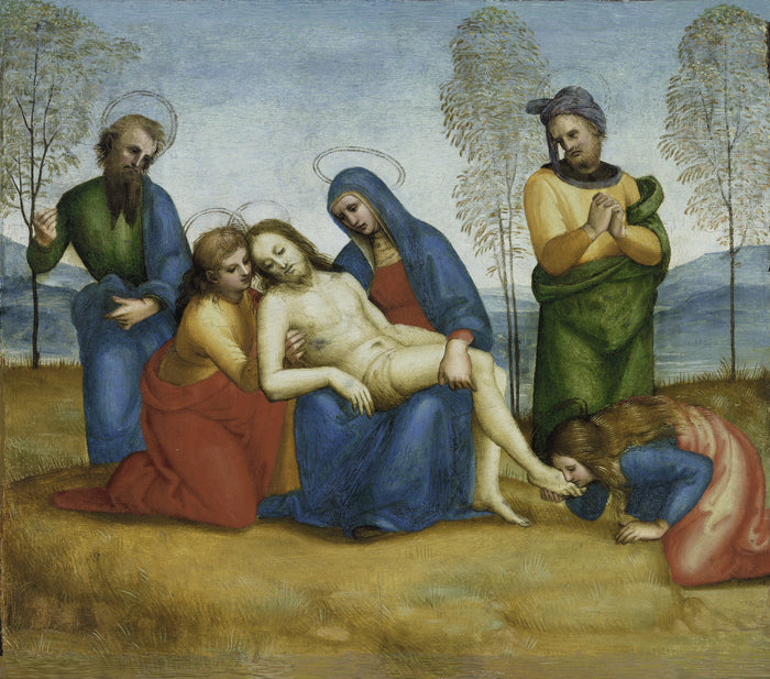 Valitus kuolleen Kristuksen yli, Colonnan alttaritaulun predella, noin 1503-1505 - Raphaël