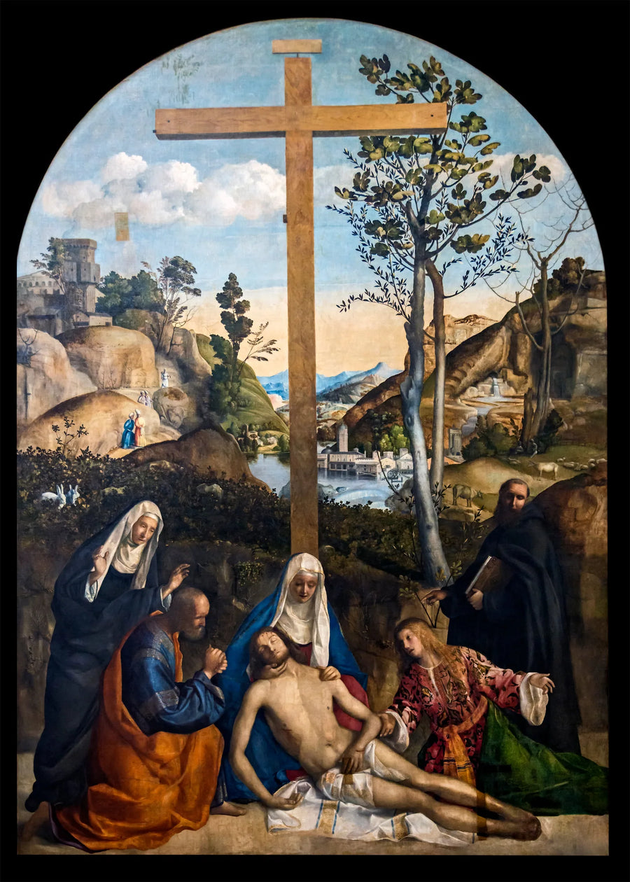 Kristuksen kuoleman surunvalitus, jossa ovat Joosef Arimatialainen, Neitsyt Maria ja Maria Magdaleena, Pyhän Martan ja Filippo Benizin välissä - Giovanni Bellini
