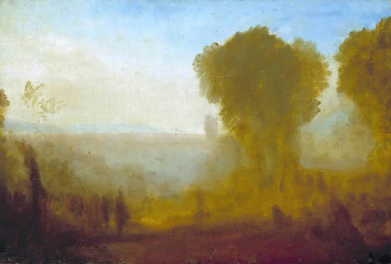 Maisema tornin, puiden ja hahmojen kanssa; mahdollisesti Arcueil lähellä Pariisia - J. M. W. Turner