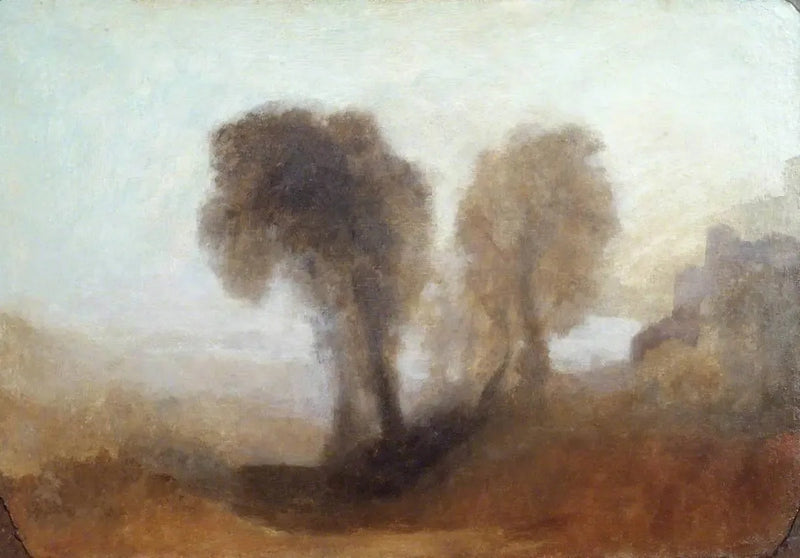 Maisema puineen ja linna - J. M. W. Turner