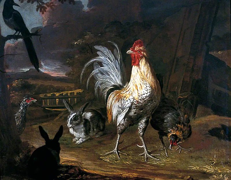 Kanit, kukko ja kana maisemataustalla - Melchior de Hondecoeter