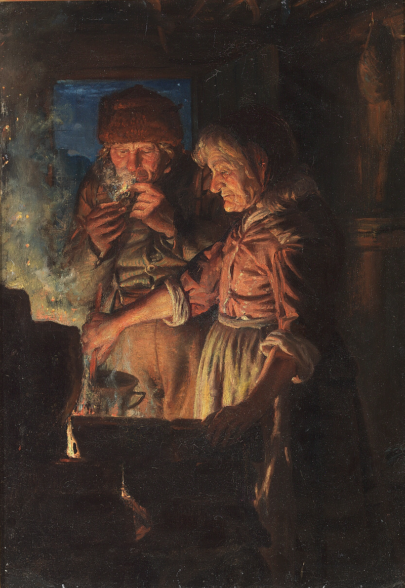 Lars Gaihede ja hänen vaimonsa takan ääressä, Stifi sekoittamassa kattilaa. - Michael Peter Ancher