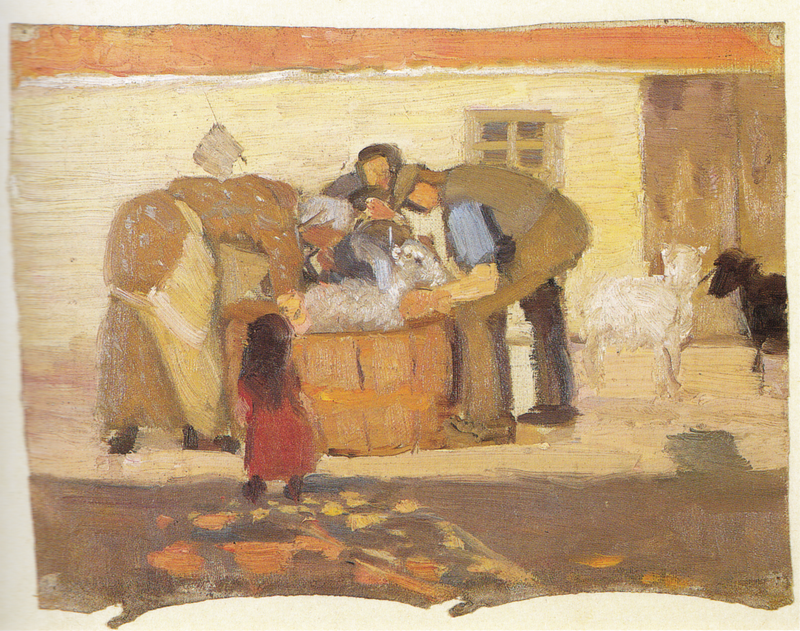 Lampaiden pesu talon edessä - Anna Ancher