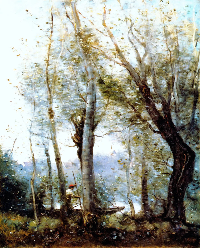 Laiva-ajaja kulkee puiden takana rannalla - Jean-Baptiste Camille Corot