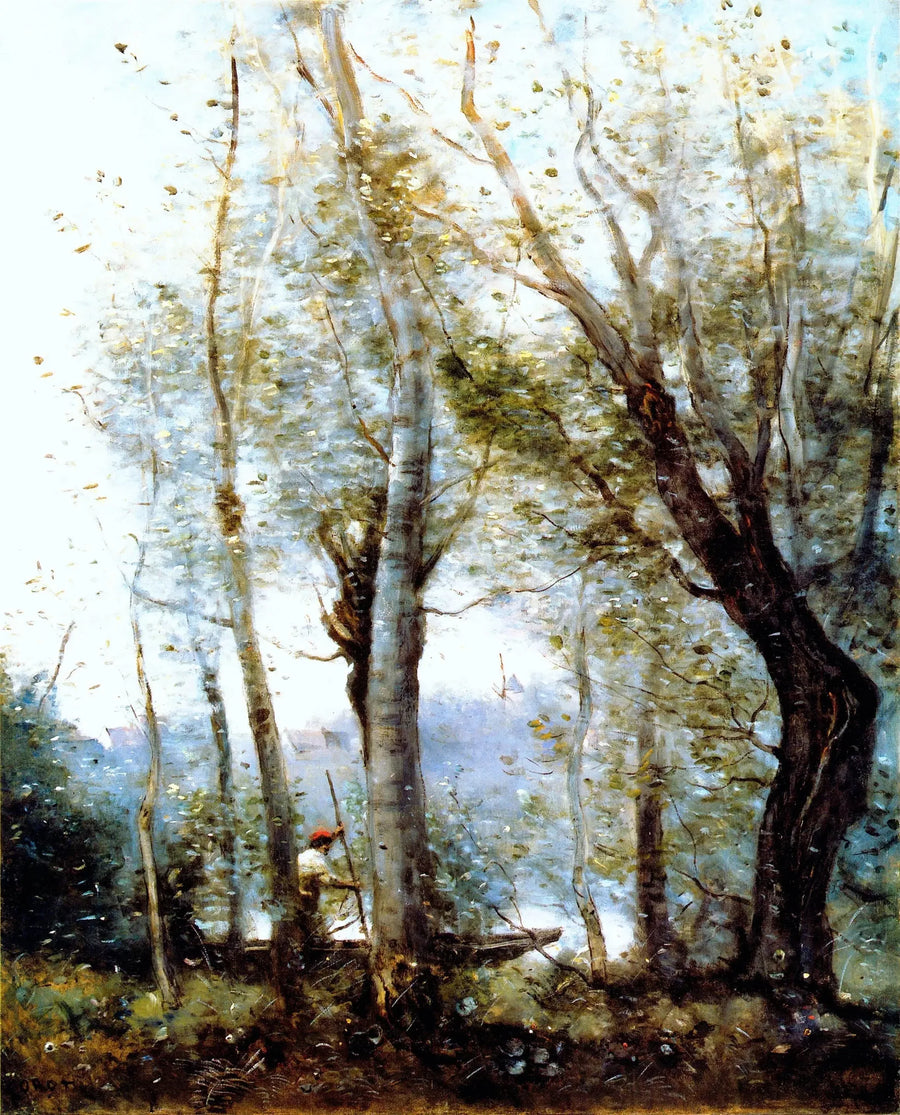 Laiva-ajaja kulkee puiden takana rannalla - Jean-Baptiste Camille Corot