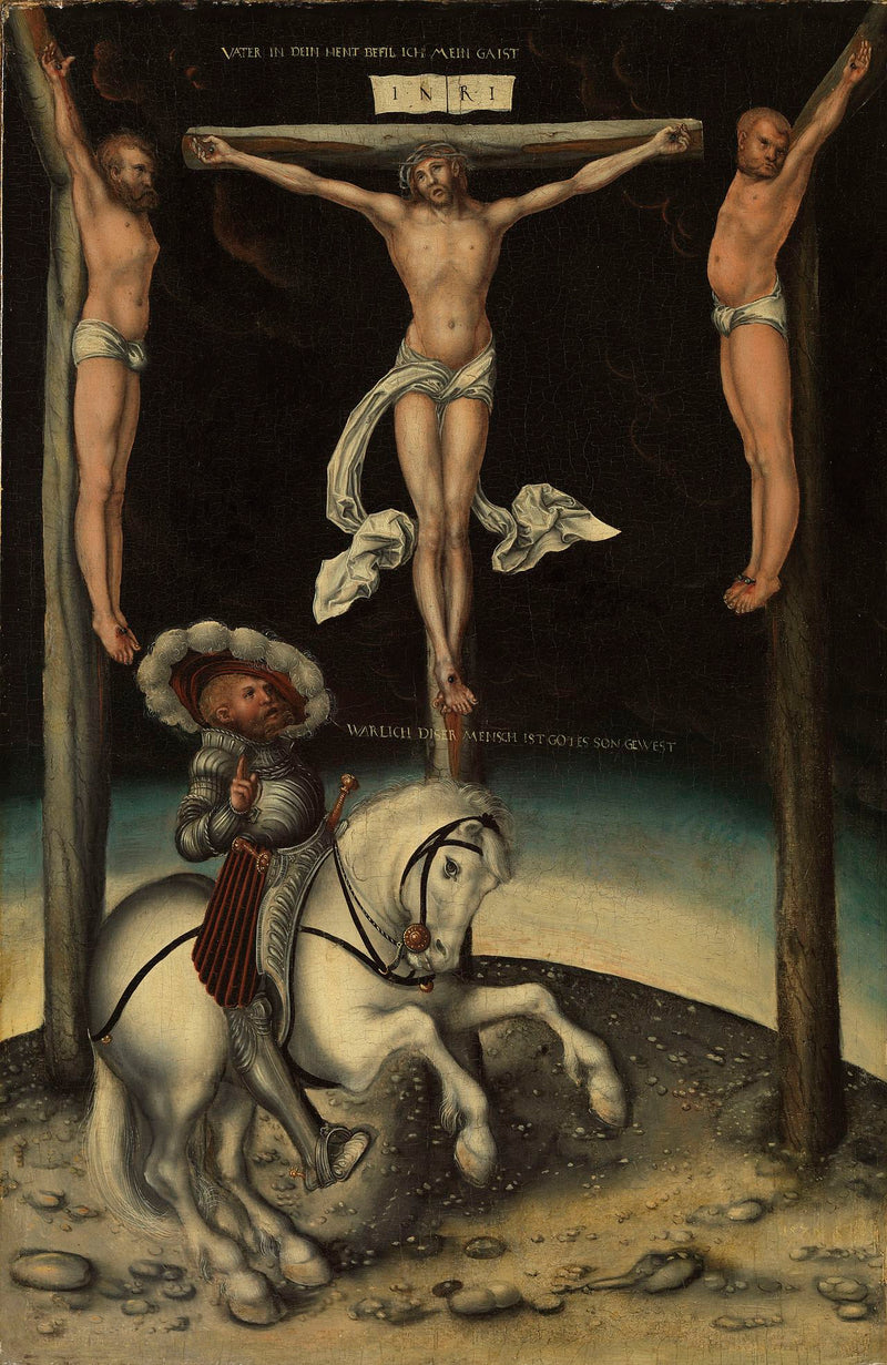 Centurion Longinus Kristuksen ristiin ja kahden ryövärin joukossa - Lucas Cranach vanhempi