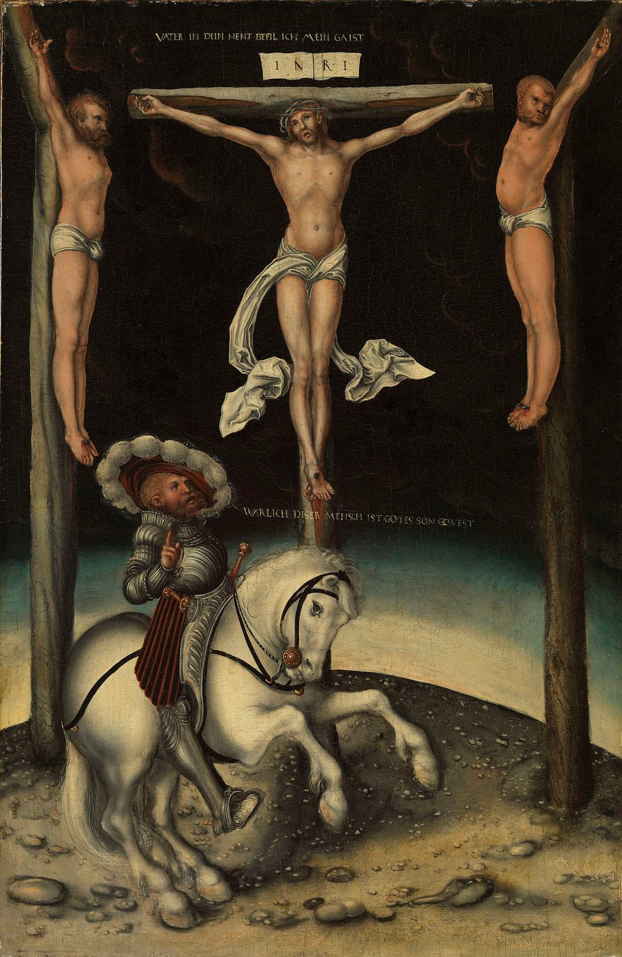 Centurion Longinus Kristuksen ristiin ja kahden ryövärin joukossa - Lucas Cranach vanhempi