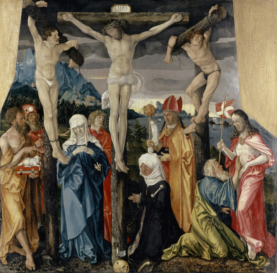 Kristus ristiinnaulittuna roistojensa, pyhimysten ja lahjoittajan kanssa - Hans Baldung Grien