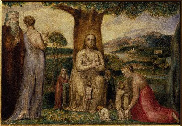 Rukoileva Kristus siunaamassa pieniä lapsia - William Blake
