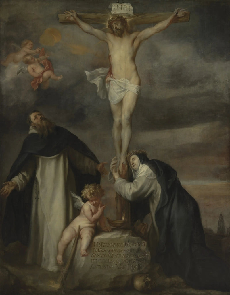 Ristiinnaulittu Kristus, Pyhä Katariina Sieniläinen, Pyhä Dominic ja enkeli - Antoine van Dyck
