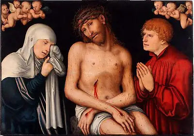 Kristus kärsimyksen ihmisenä, vieressään Neitsyt ja Pyhä Johannes, enkeleiden kanssa - Lucas Cranach vanhempi
