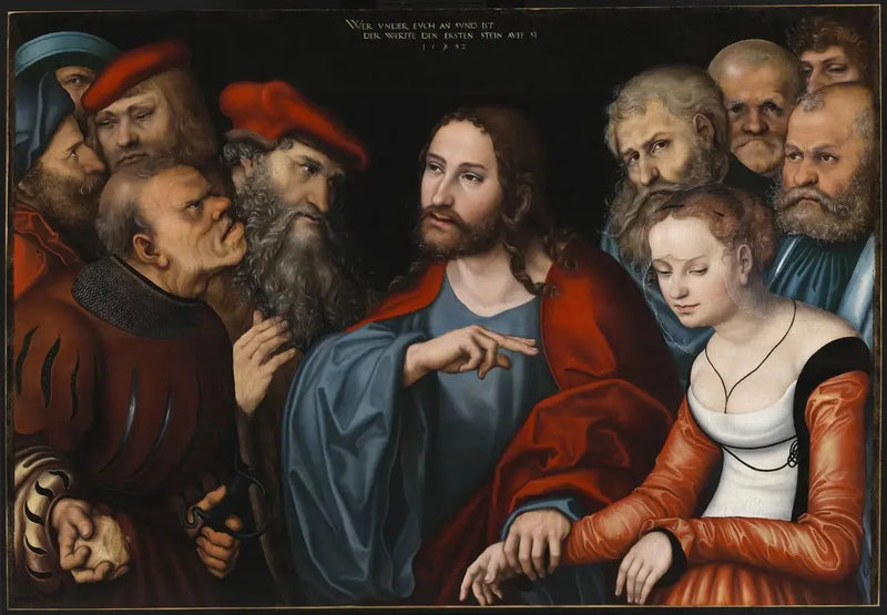 Kristus ja vaimo, joka oli kiinni huorinteossa. - Lucas Cranach vanhempi