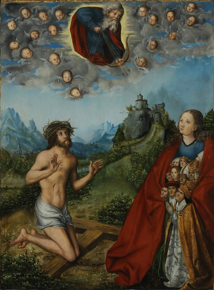 Kristus ja Neitsyt välimiehenä ihmiskunnan puolesta Jumalan Isän edessä - Lucas Cranach vanhempi