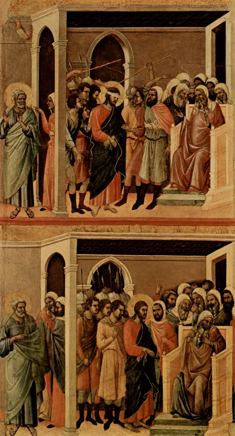 Pilkattu Kristus (ylhäällä) ; Kristus Kaifaan edessä (alhaalla) - Duccio di Buoninsegna