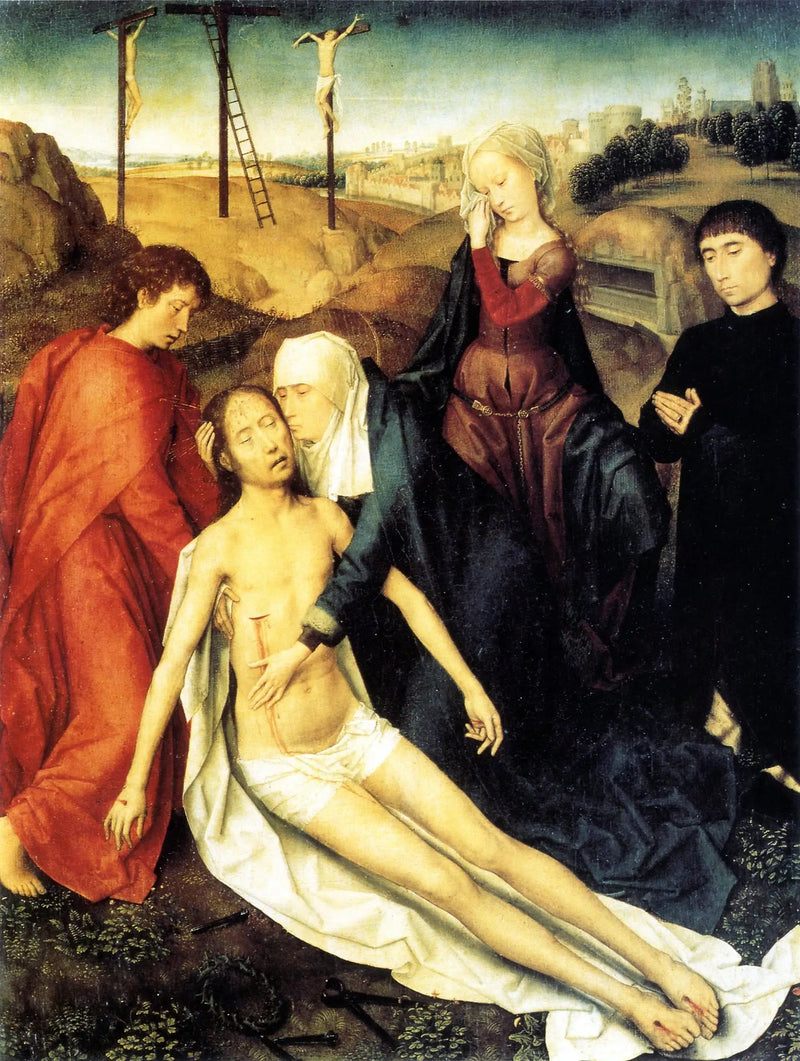 Ristiinnaulittu Kristus itkien äitinsä, Pyhä Johannes ja - Hans Memling