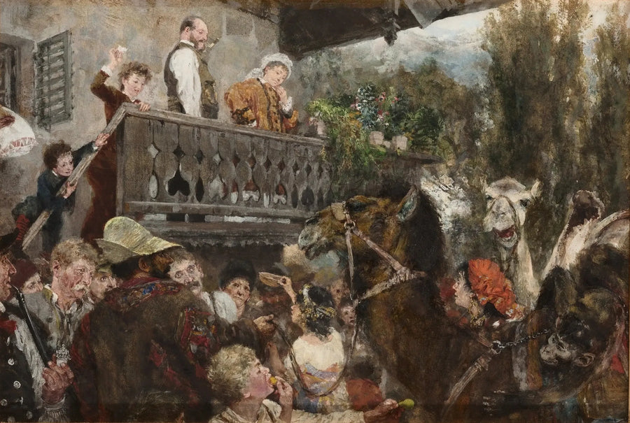 Kiertävä sirkus (Partenkirchenin kamelikuljettajat) - Adolph von Menzel