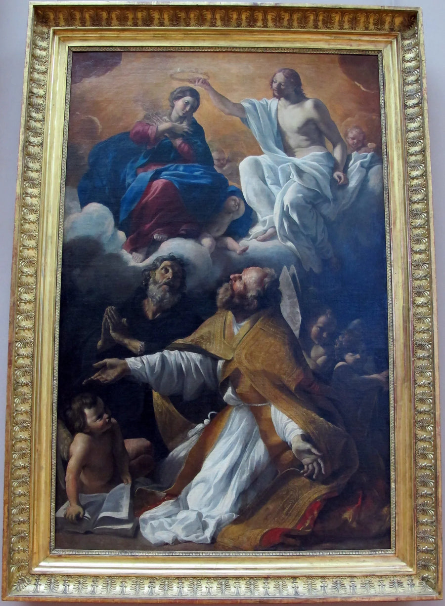 Neitsyt Marian kruunaus, pyhittäjä Augustin ja pyhä Guillaume d'Aquitaine - Giovanni Lanfranco