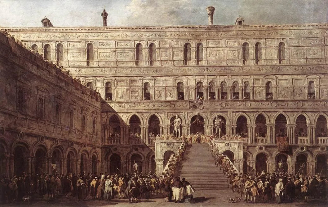 Le Couronnement du doge de Venise sur l'escalier des Géants au palais ducal de Venise - Francesco Guardi image 1 reproduction de peinture à l’huile
