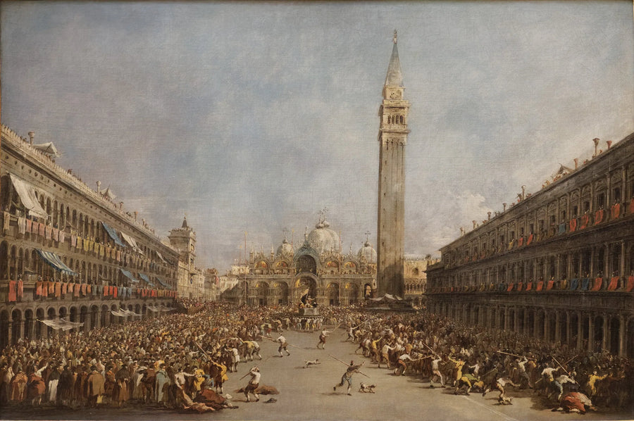 Venetsian Doge gondolierien kantamana, hänen valintansa jälkeen Pyhän Markuksen aukiolla - Francesco Guardi
