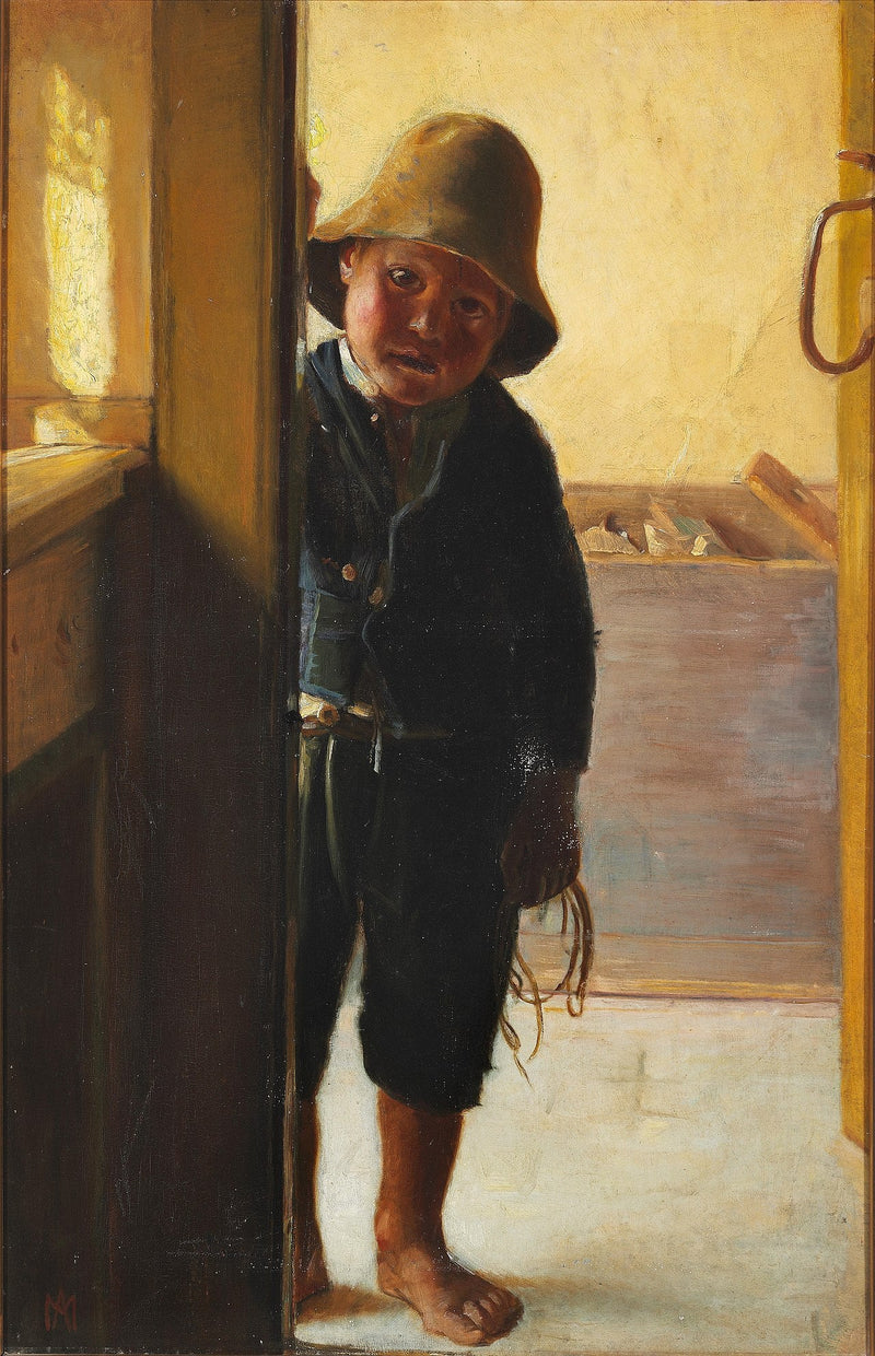 Kalastajan poika katsoo oviaukosta. - Michael Peter Ancher