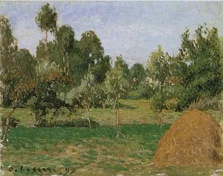 Eragny-nurmikon tausta, oikealla mylly - Camille Pissarro