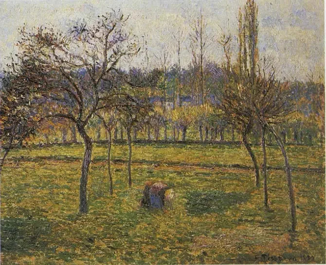 Eragnyn niittytausta naisen keräämässä ruohoa - Camille Pissarro