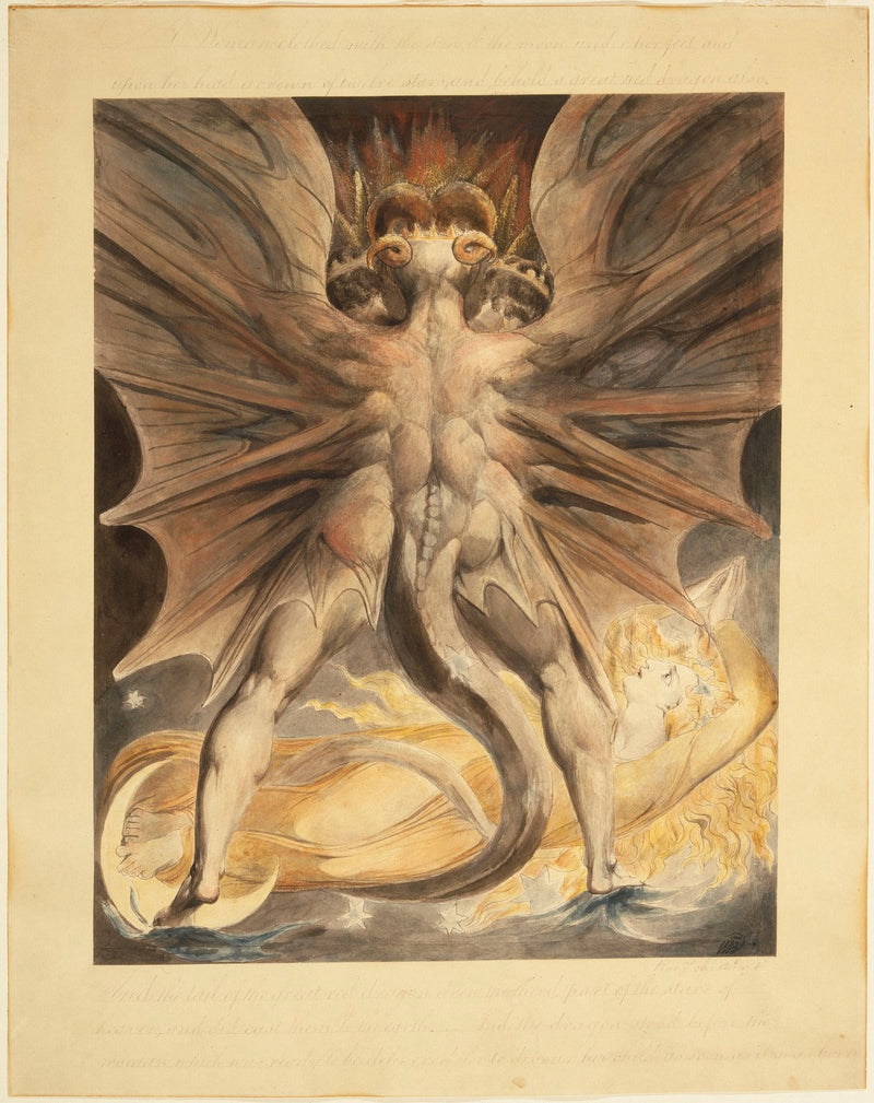 Suuri punainen lohikäärme ja nainen, joka on pukeutunut auringoon (Ilmestyskirja 12: 1-4) - William Blake