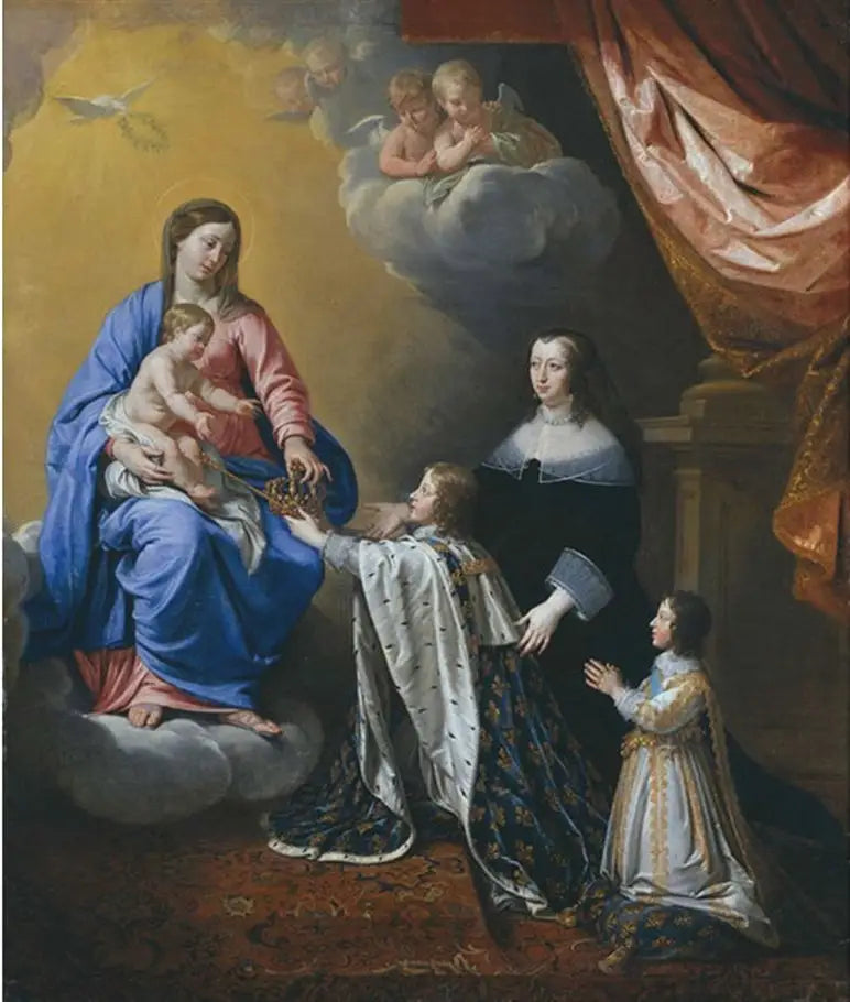 Nuori Ludvig XIV tarjoaa kruununsa neitsyelle ja lapselle - Philippe de Champaigne